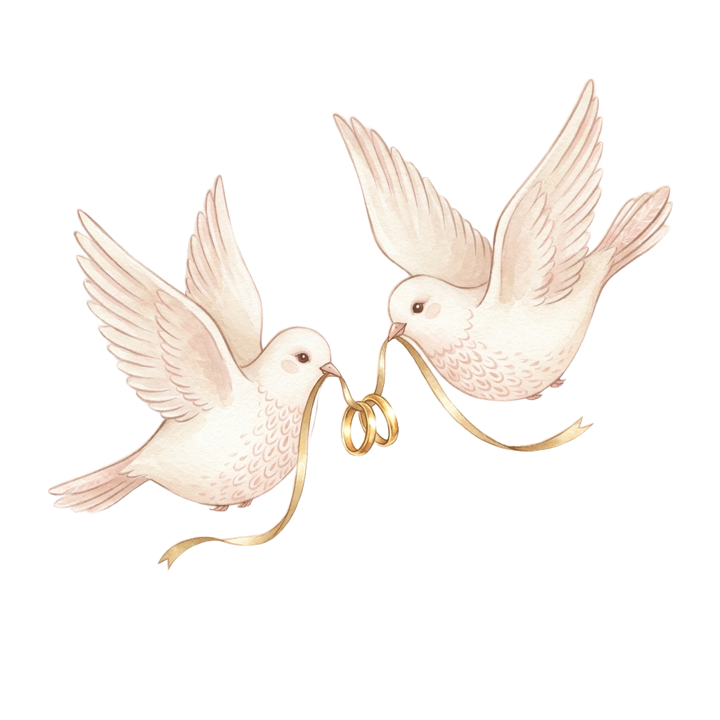 Tauben-Paar mit goldenen Ringen, im Flug